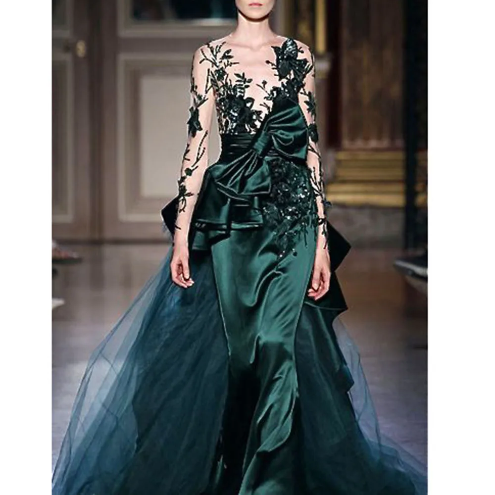 

Elegant Green Women Prom Dresses Full Sleeves Floor Length Mermaid Appliques Illusion Pretty Evening Party Banquet Gowns