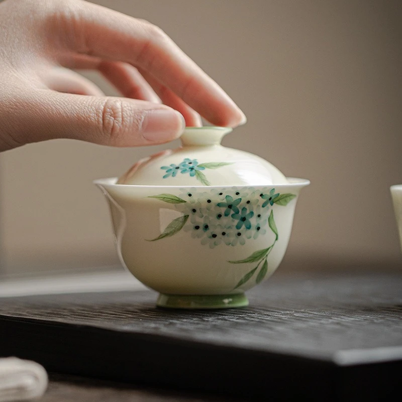 Handbemalte Hortensienblumen-Teetasse mit Deckel, Anti-Verbrühungs-Einzelstück, Hochwertige Handgefertigte Keramik-Teetasse, Kung-Fu-Tee-Set