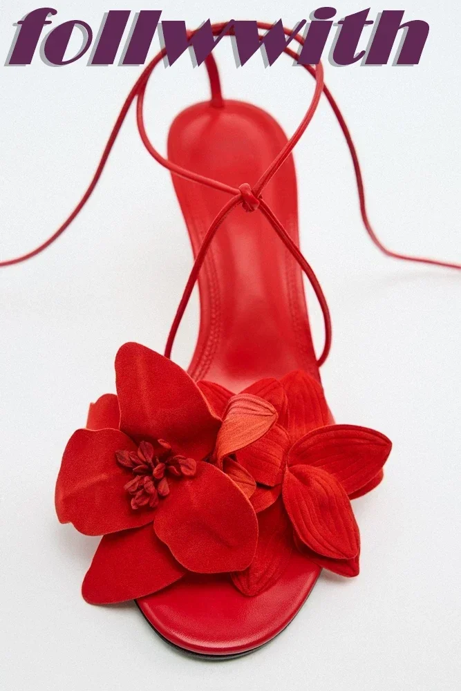 Ladies Solid Red Flowers Lace Up Sandals Unique Sexy Sandals Cross Tied Stiletto Heel Party 2026  New Arrival Summer Woman Shoes