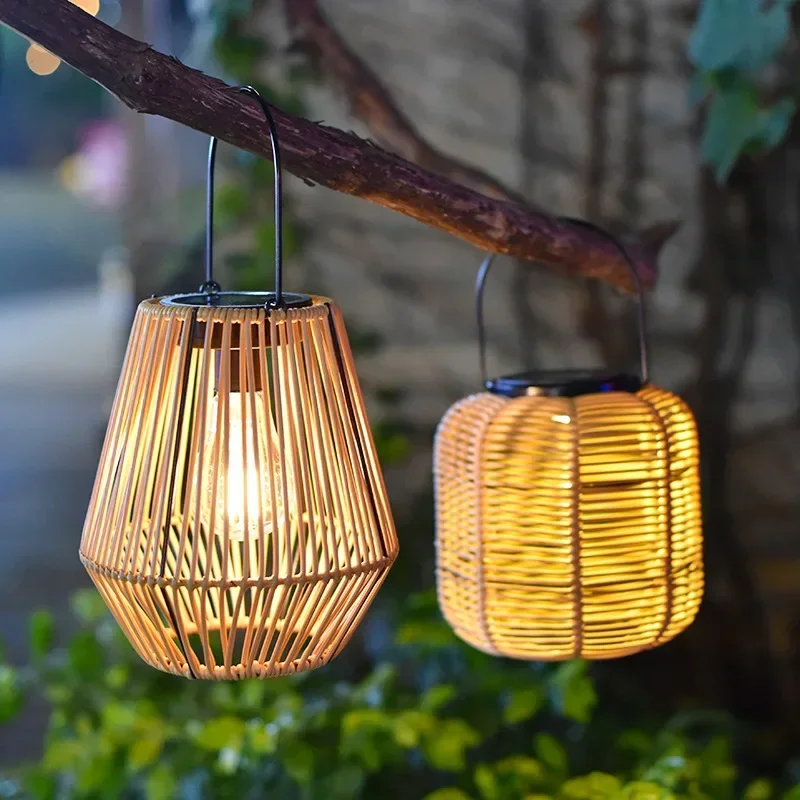 

New Bamboo Art Solar Lamp Outdoor Rattan Bamboo Portable Hanging Lamp Courtyard Decoration Chinese Retro Garden Lantern