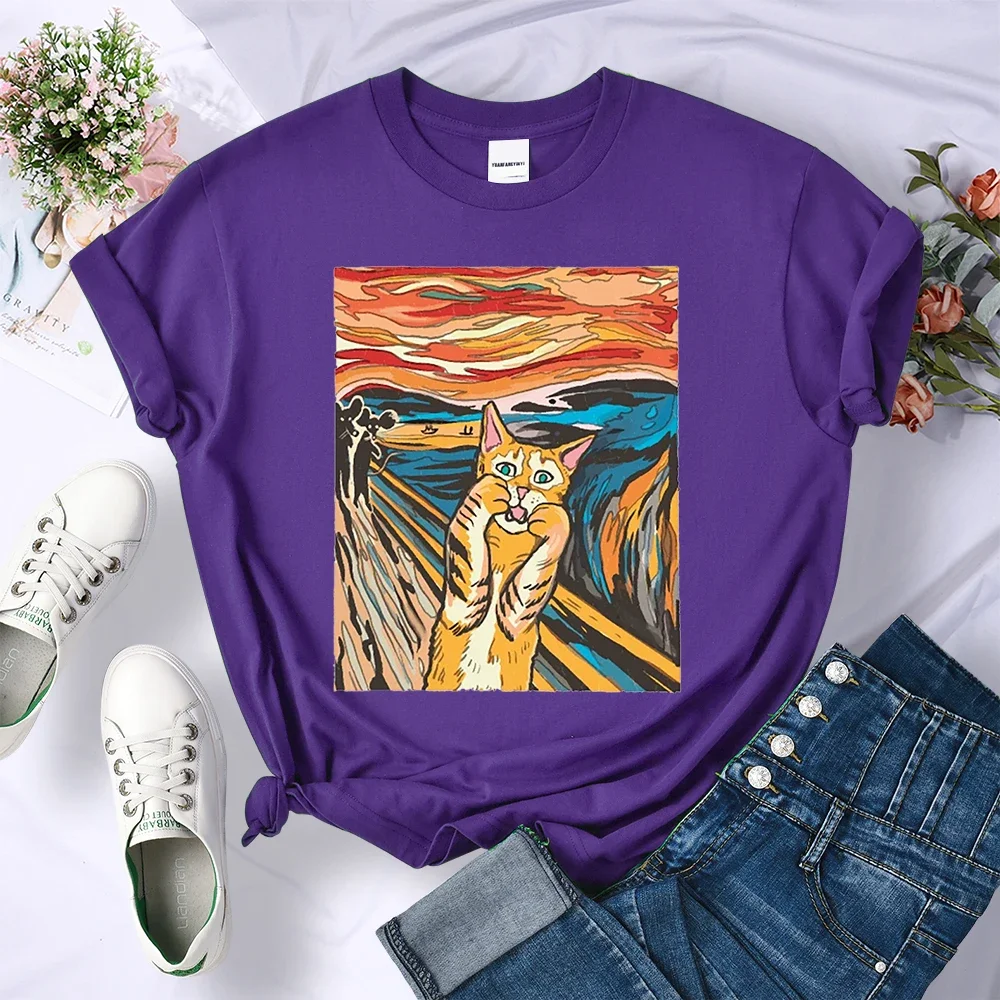 Oil Painting Scream Cat Print Women T Shirts Breathable Summer T-Shirt All-Match Tees Clothing O-Neck Fashion Woman Short Sleeve