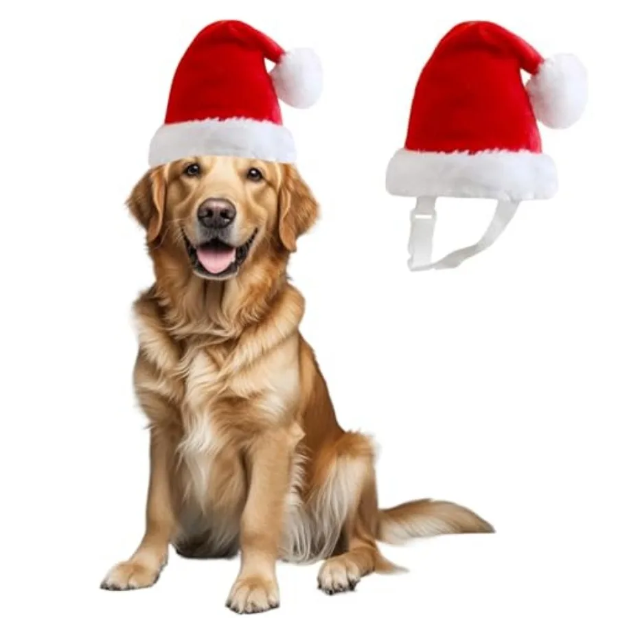 Gorro de Santa para Perros Grandes con Pompón Blanco, Ajustable, Tallas M y L, Gorro Navideño para Mascotas, Semi-Acolchado con Correa Elástica, para Golden Retriever