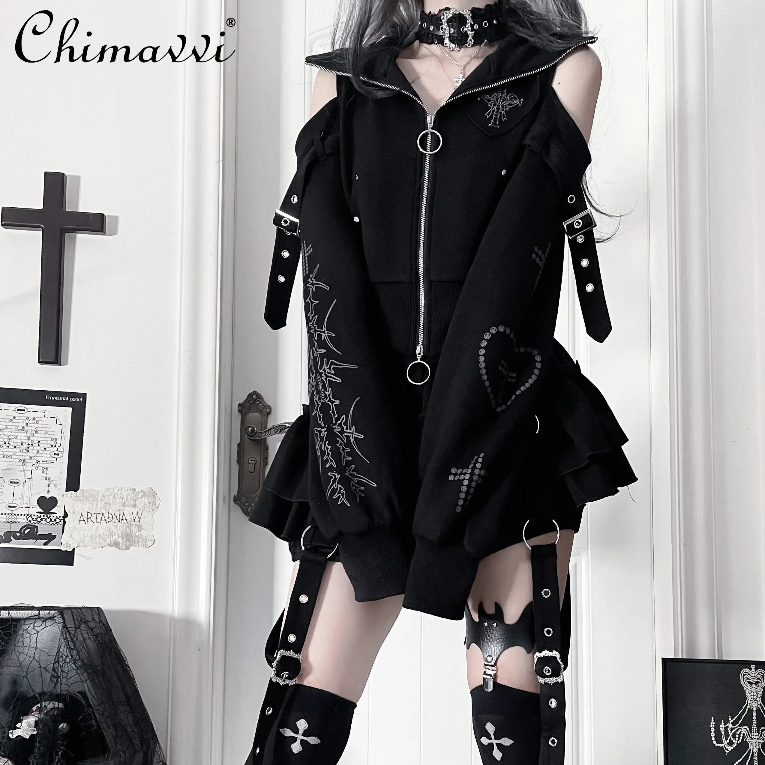 

Original Print Japanese Subculture Cat Ear Hooded Off-Shoulder Short Sweatshirt Cake Short Skirt Set Punk Girl Two-Piece Set