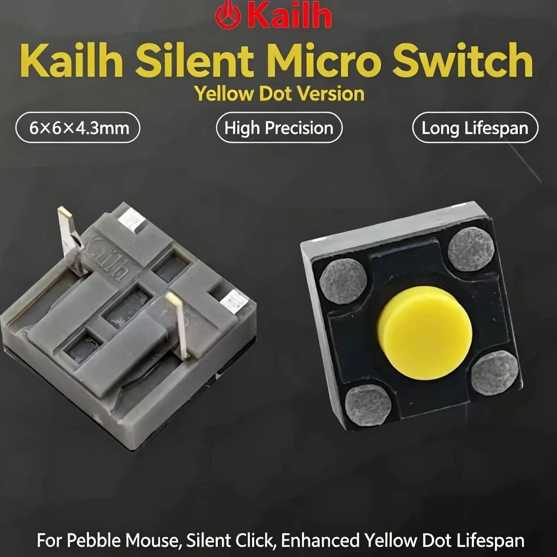 Kailh Silent Tactile Switch Red Dot 2‑Pin Mute Mouse Micro Switch Replacement for Logitech Pebble M350 M650 Mouse Buttons Repair