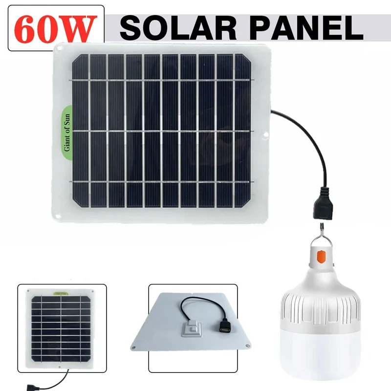 60W Solar Panel Kit 18V Solar Cell with Light Bulb Power Bank for Outddor Phone Camping Hiking Cycling Fishing Traveling