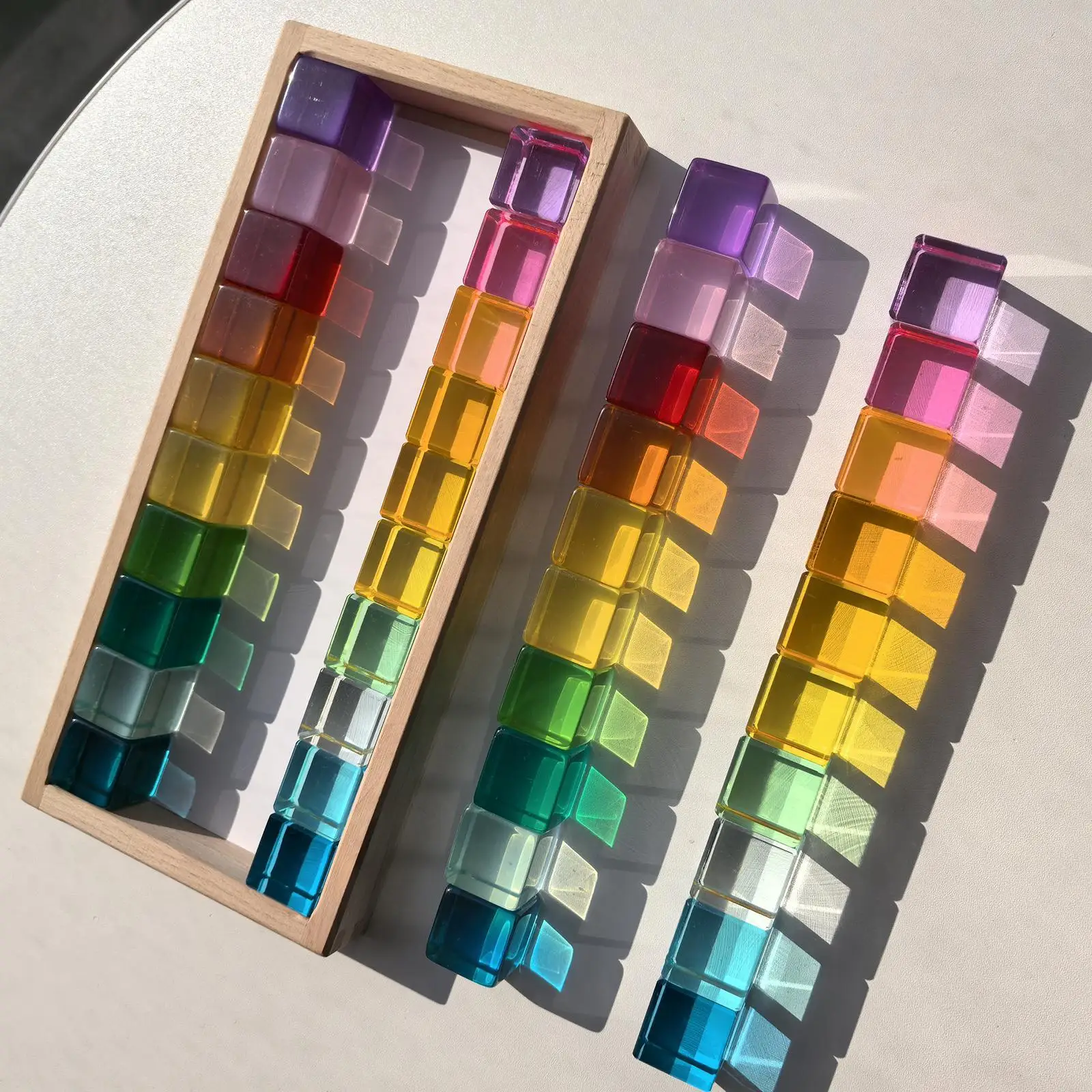 

Rainbow Building Blocks Set Stacking Blocks Toys with Wooden Storage Box Clear Sensory Building Blocks for Children Kids Gift