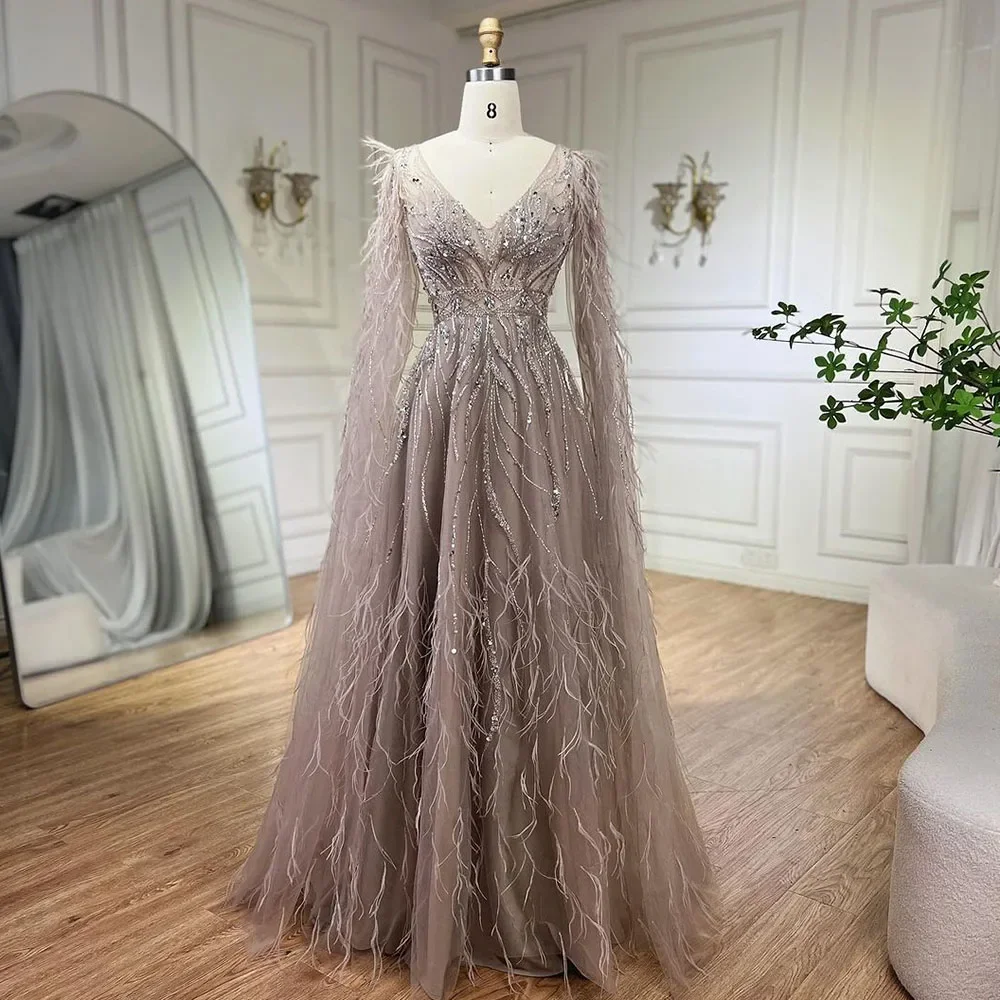 SERENE HILL Arabic Nude Luxury Beaded Feathers A-Line Evening Dress 2025 Cape Sleeves Women Wedding Party Gown CLA72304