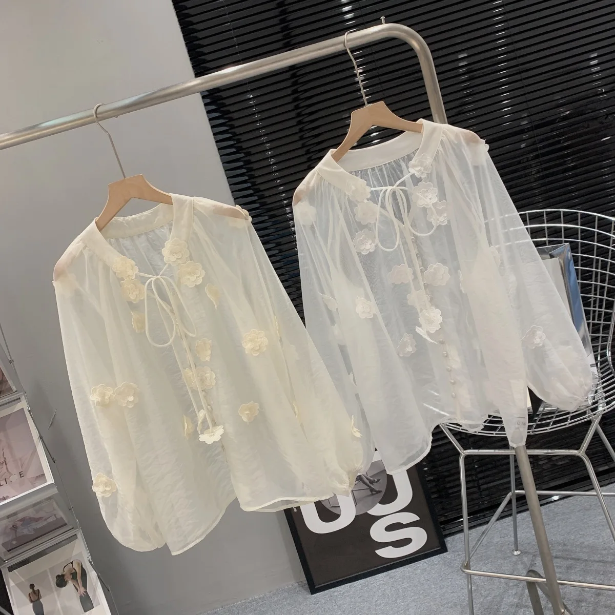 French Style Elegant V-Neck 3D Floral Lace-up White Blouses 2023 Summer Women's Casual Vintage Long Sleeve Chiffon Shirts Top