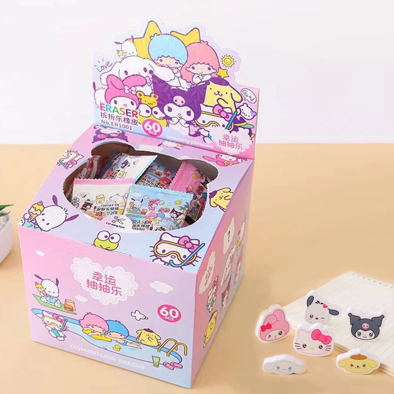 

60 шт./коробка Sanrio карандаш ластик Милая аниме Mymelody Kuromi Pachacco Cinnamoroll студенческие школьные принадлежности канцтовары оптом