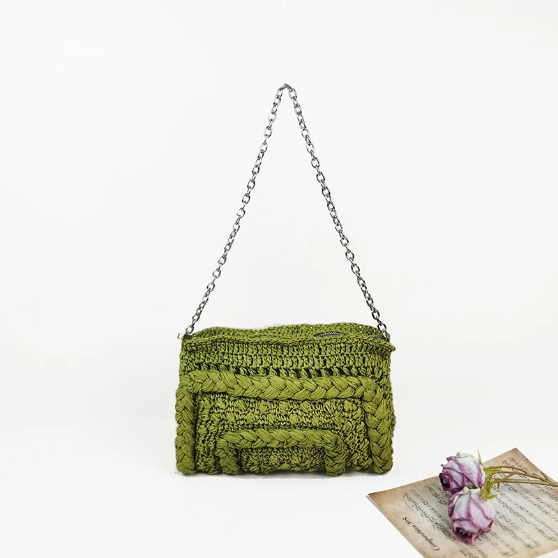 New Soft Woven Straw Beach Bag Handmade Women Casual Chain Shoulder Bag 2024 Summer Bohemian Beach Vocation Travel Envelope Bag