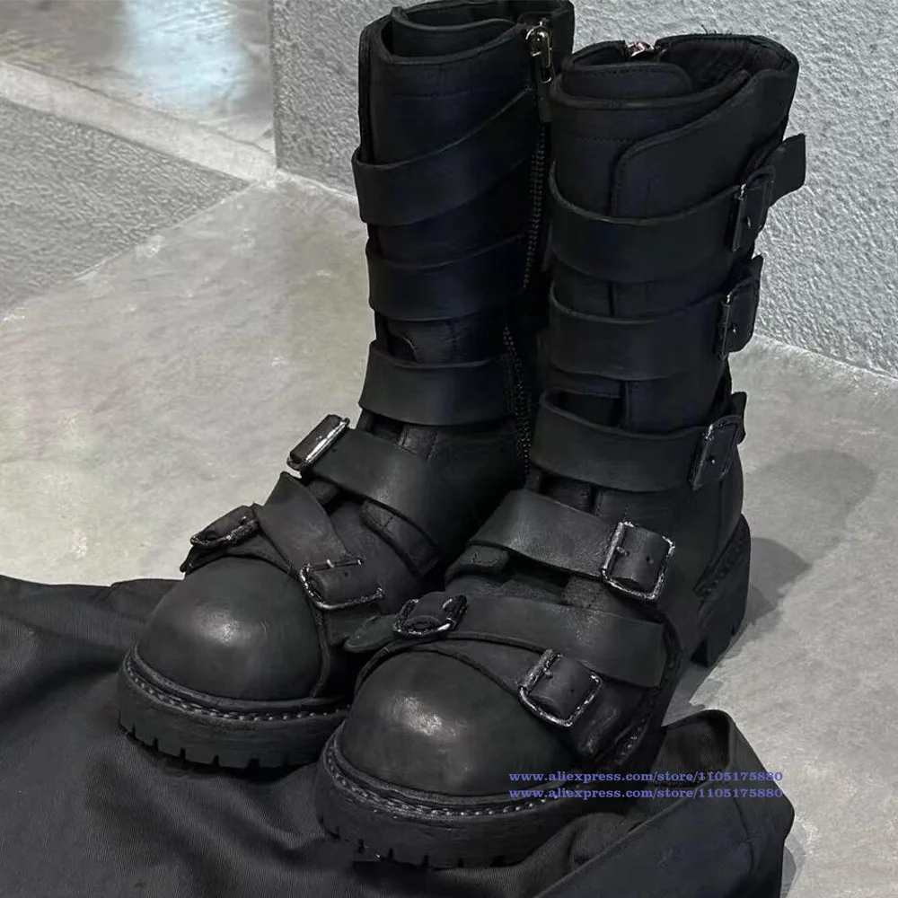 Multi-Belt Buckles Motorcycle Men's Boots Round Toe Chunky Sole Males Booties Trendy Luxury Designer Men's Shoes Botas Mujer