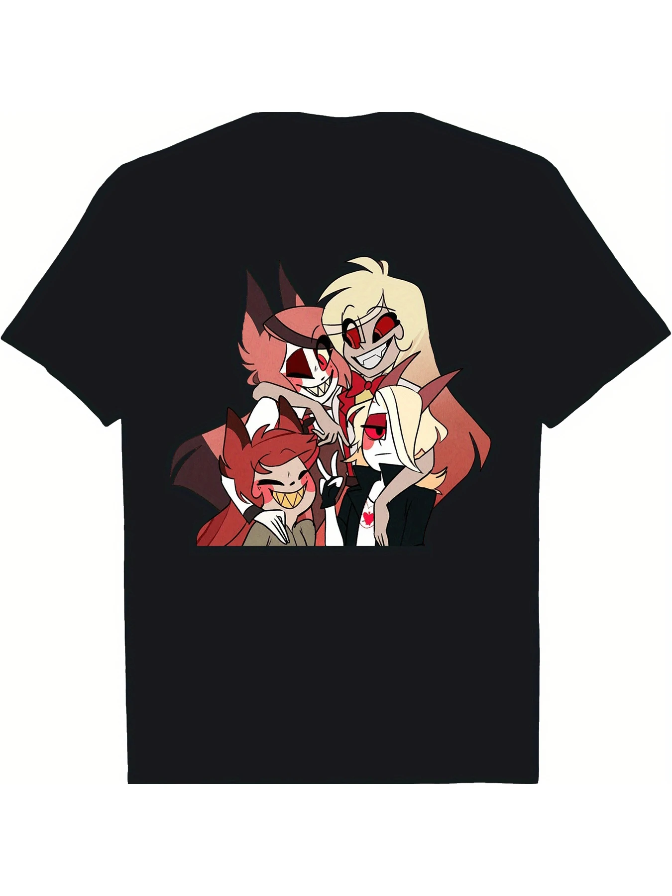 

Four Characters With Red Eyes And Horns Men and women short sleeve T-shirt black round neck