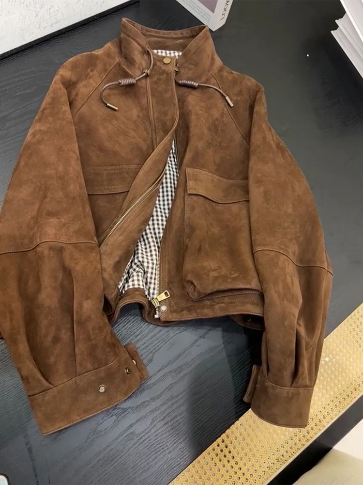 

Женская коричневая винтажная куртка, осенняя куртка-стойка, воротник-стойка, молния, на шнуровке, корейские пальто с длинным рукавом, Y2K, уличная одежда с карманами, новая верхняя одежда