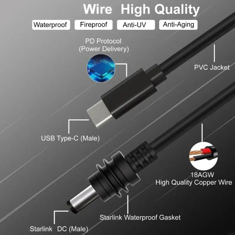  USB Type C to DC5521 5.5x2.1mm Waterproof Charging Cord Supports PD65W 18AWG