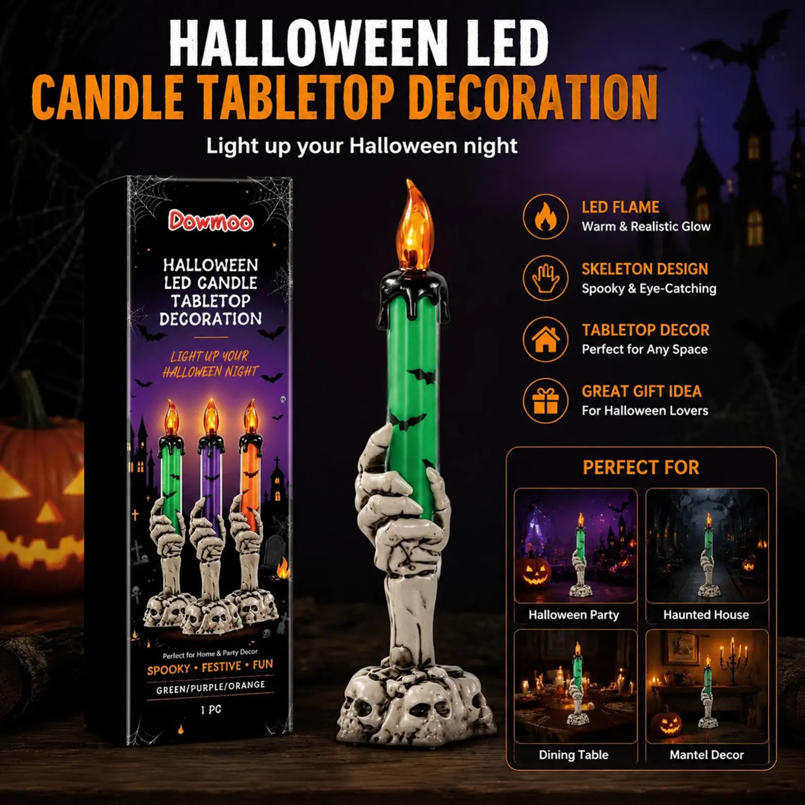 Multicolor LED Candle Flame-Effect for Halloween Party Tabletop Ornament with Timer Battery Powered PVC Decor Gift