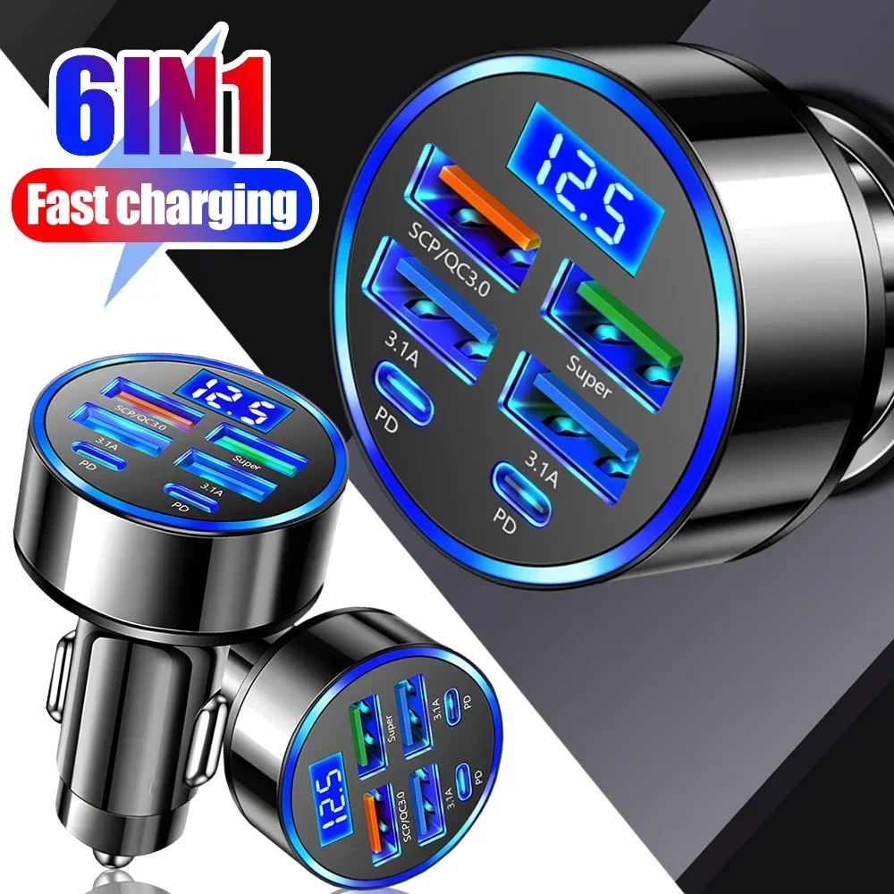 

100W 6 Ports Car Charger Fast Charging PD QC3.0 USB C Car Phone Charger Type C Adapter in Car For iPhone Samsung Huawei Xiaomi