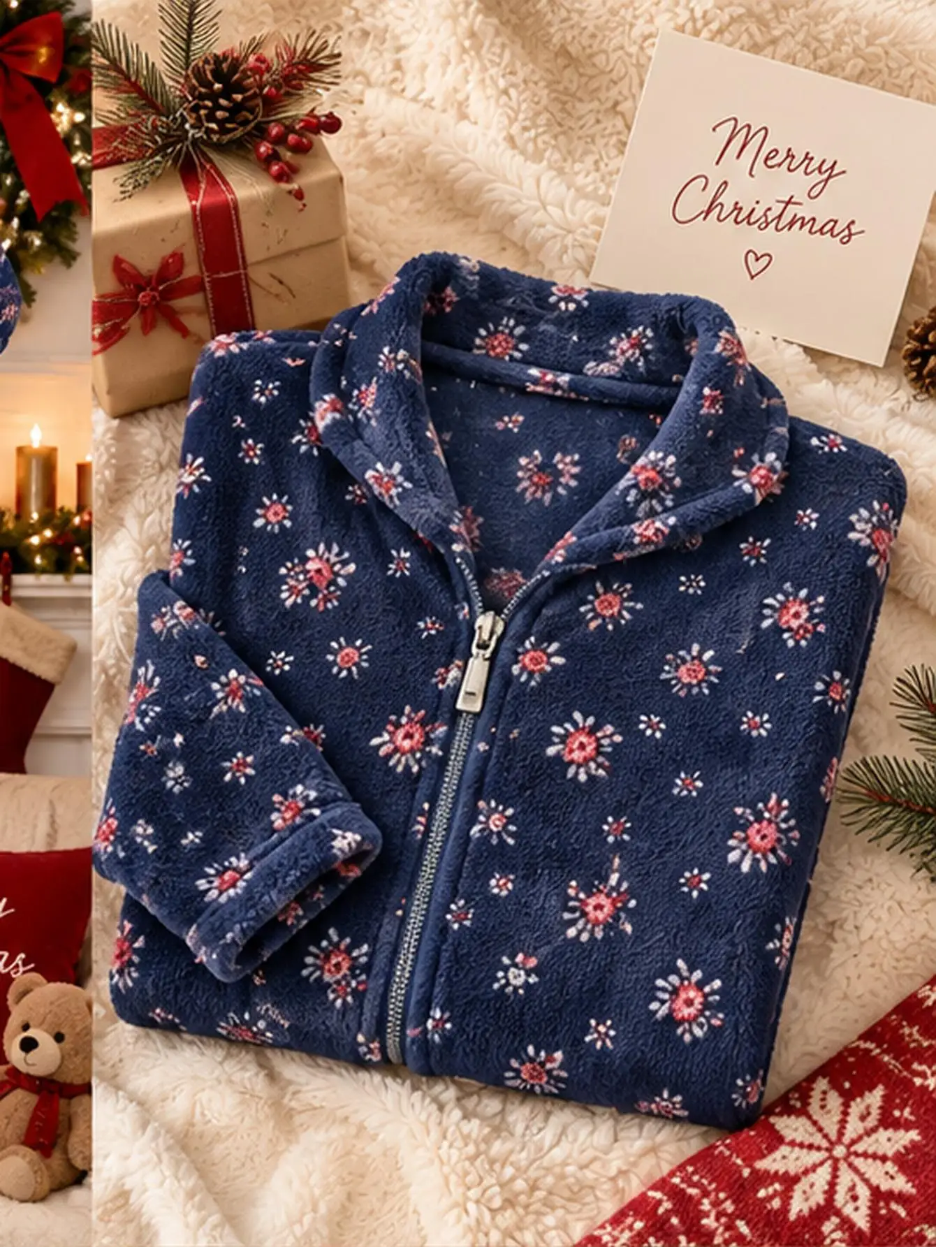 Plus size Women'S Winter Flannel Zippered Comfortable Nightgown Robe Navy Floral Fleece,Cozy Christmas Sleepwear, with Pockets