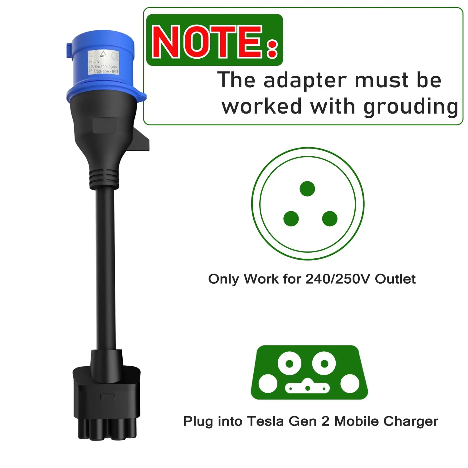 LONLINK For Tesla 3pin Blue CEE Adapter For Model S,3,X,Y Gen 2 Ev Charger Extension Cord Connector 240V Outlet at 32A 10inch