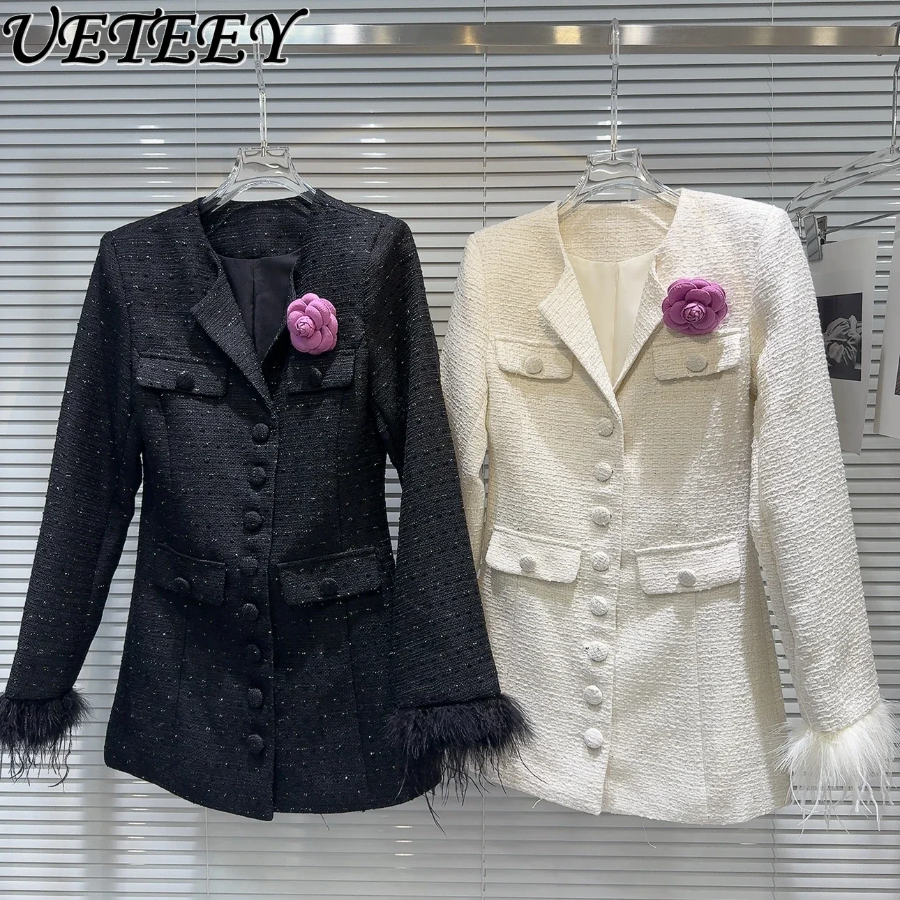 

2024 Autumn New Flower Brooch Fluffy Cuffs Tweed Coat for Women's Woolen Jacket Fashion Slim Waist Thin Wool Trench Coat Female