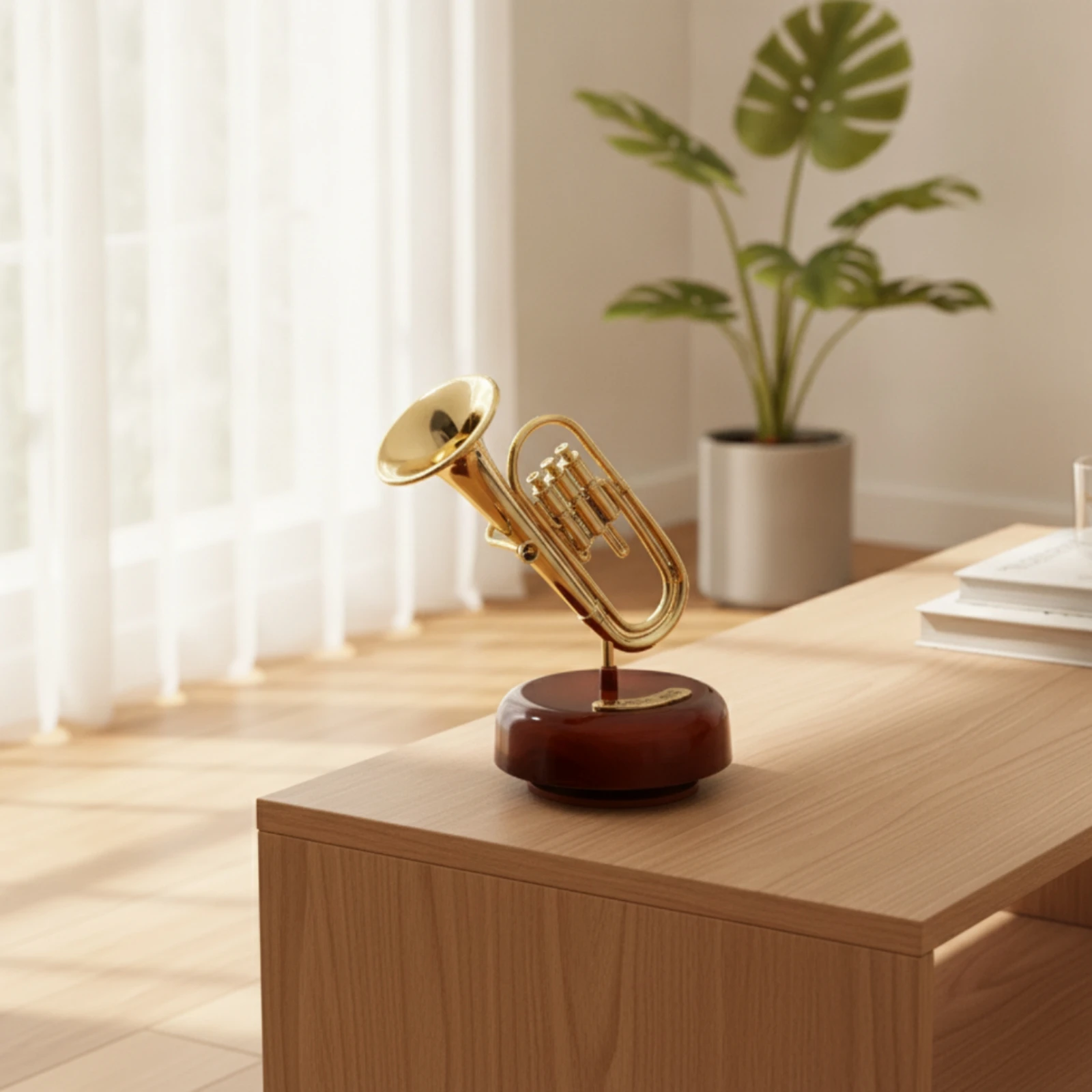 Tabletop Melody Box Wood-Grain Melody Box with Round Base Musical Movement Glossy Decor Freestanding for Living Room, Desk