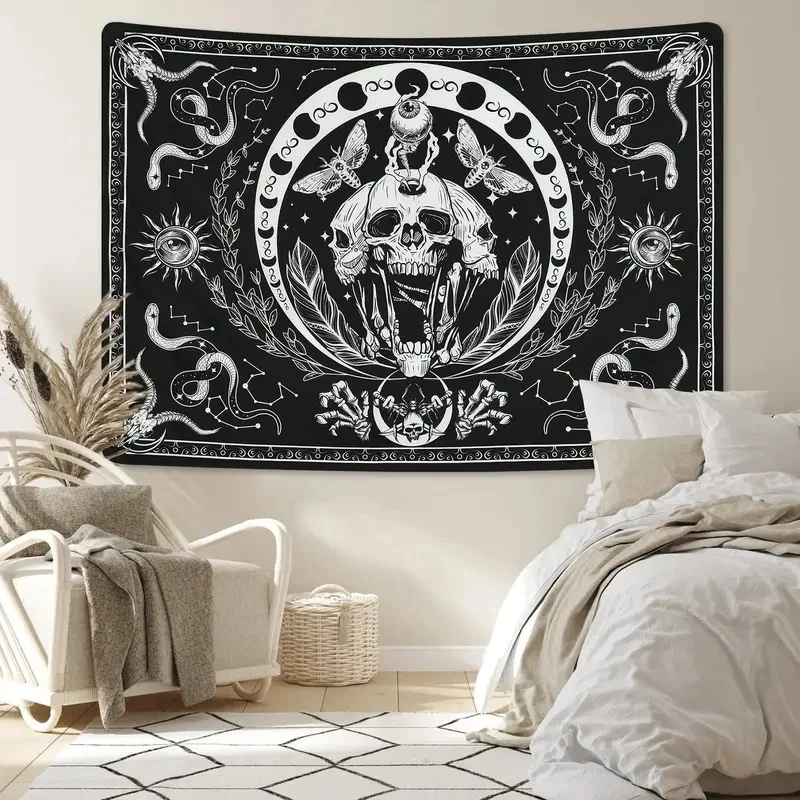 VIKAMA Witchy Skull Wall Tapestry Occult Sun Star Constellation Pattern Large Fabric Wall Blanket for Indoor Room Decor