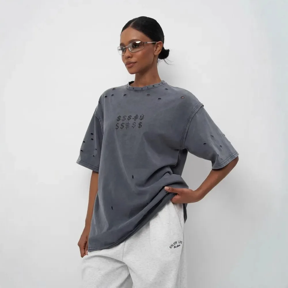 Americano retro velho solto em torno do pescoço mangas curtas verão nova personalidade moda corte lavado impresso camisetas topos