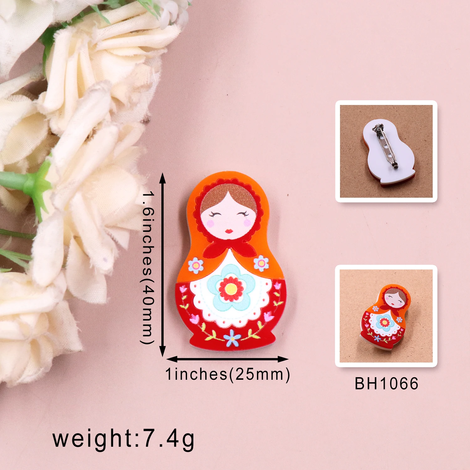 1pcs New Arrival Matryoshka doll Brooch (Safety Pin) cute Laser Cut Acrylic Jewelry Handmade Brooches