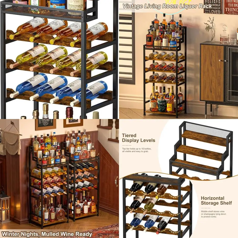 

Large Capacity Floor Wine and Liquor Cabinet with Step Display for Home Bar and Living Spaces