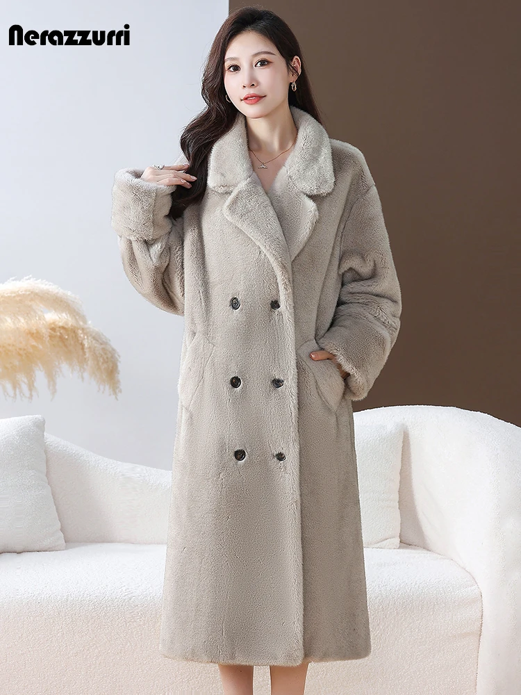 Nerazzurri Autumn Winter Long Thick Warm Soft Fluffy Faux Mink Fur Coat Women Double Breasted Loose Chic Luxury Designer Clothes