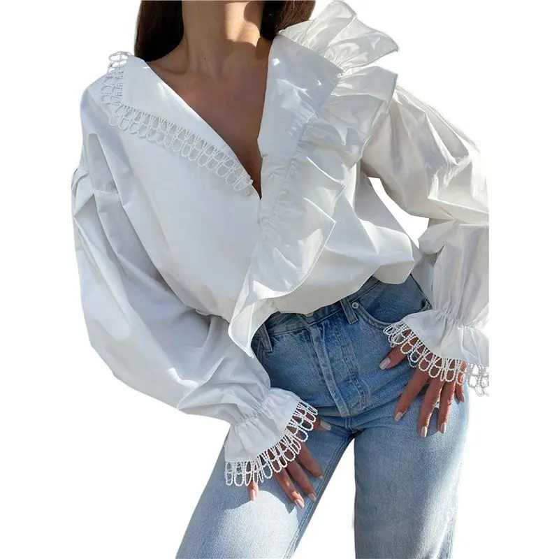 

CYL-Women's Ruffle Flared Sleeve Tops Summer Blouse Tops V Neck Business Causal Outfits For 2025