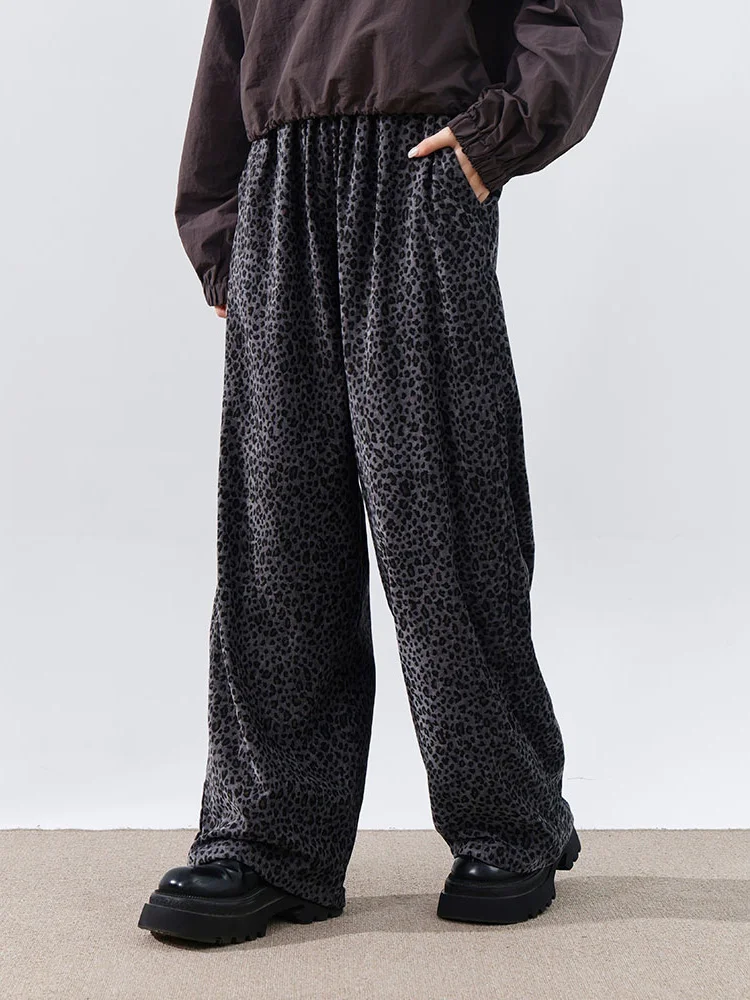 

Queenop Autumn Winter New Women's High Waist Straight Leg Pants Faux Suede Leopard Print Design Casual Comfortable Breathable