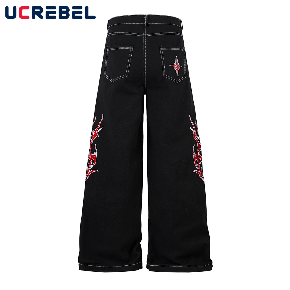 เปลวไฟ Patch เย็บปักถักร้อยกางเกงยีนส์ Mens Top Stitch Retro High Street กระเป๋าหลวมขากว้าง Dark กางเกงยีนส์ผู้ชาย