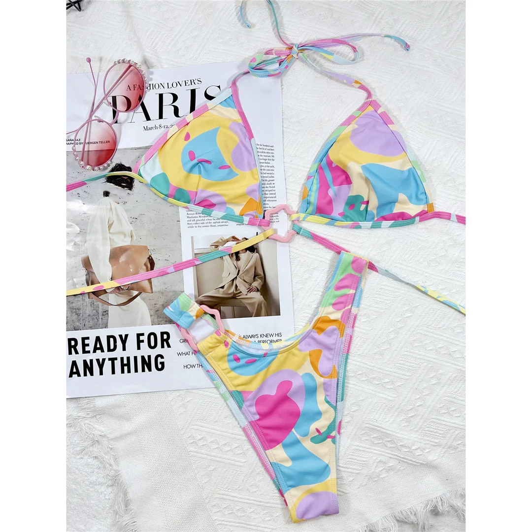Neuer, aufregender, farbenfroher Bikini mit hohem Beinausschnitt, Damen-Badeanzug, zweiteiliges Bikini-Set, Badebekleidung, Badeanzug, Modell V4049. – Detail 10
