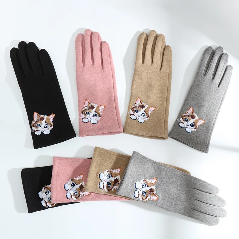 Cartoon Cat Embroidery Warm Gloves Women Winter Thick Cycling Driving Youth Students Fashion Cute Touch Screen Mittens Girl Gift