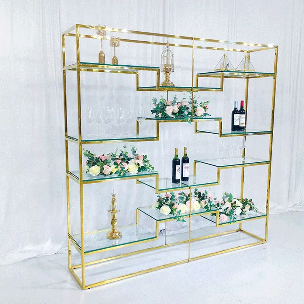 

Wedding furniture stainless steel with glass wedding rack wine flower decoration