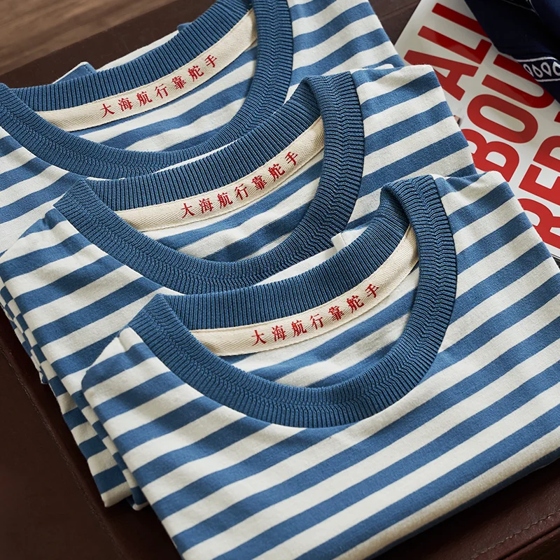 Japanese Retro Blue and White Striped Pure Cotton Men's Sailor Shirt Loose Short Sleeved Base