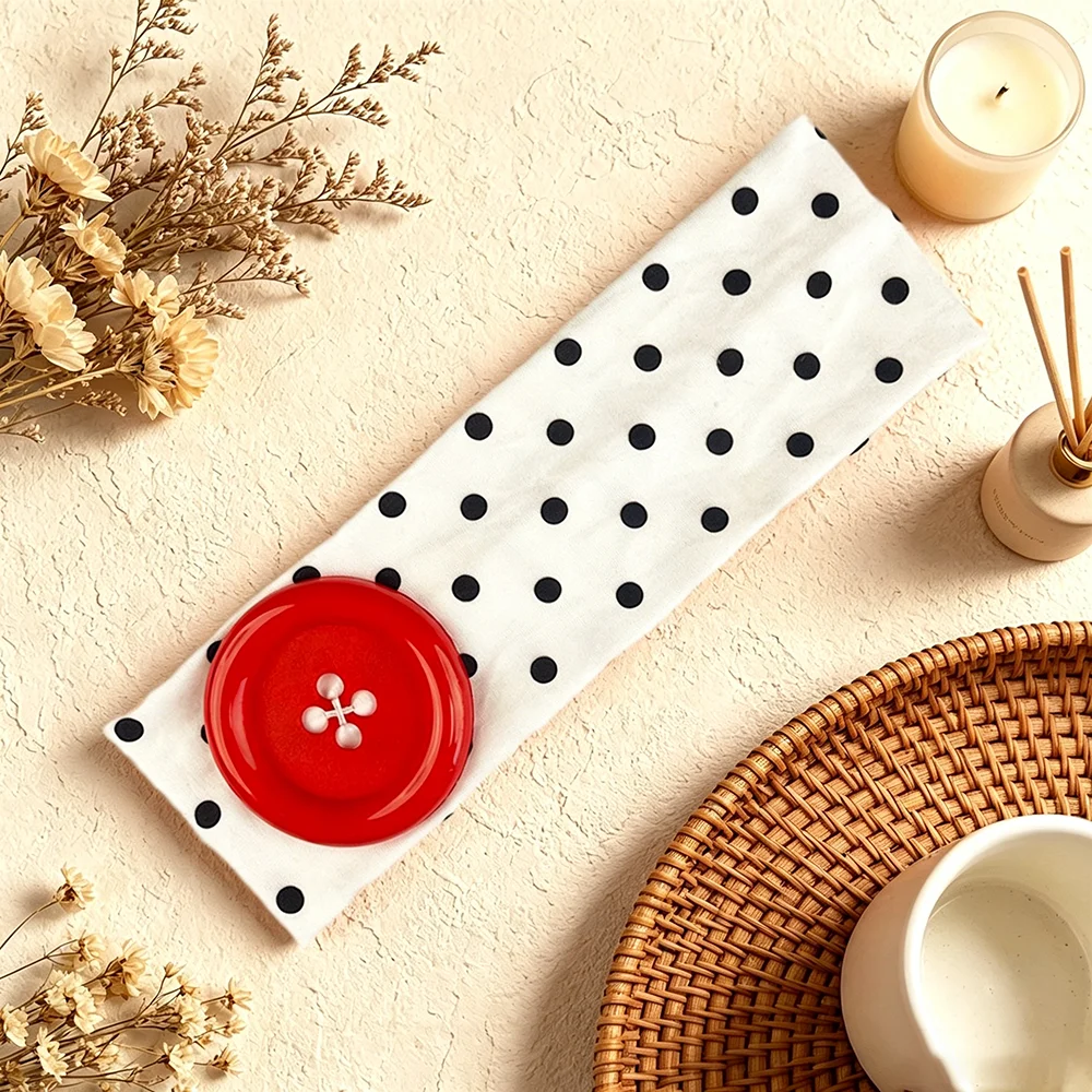 Mehrfarbiges Y2K Breites Kopfband mit Polka Dots, Elastisches Haarband mit Großen Kontrastfarben-Knöpfen, Weiches Haaraccessoire für Make-up, Alltag und Partys – Detail 9