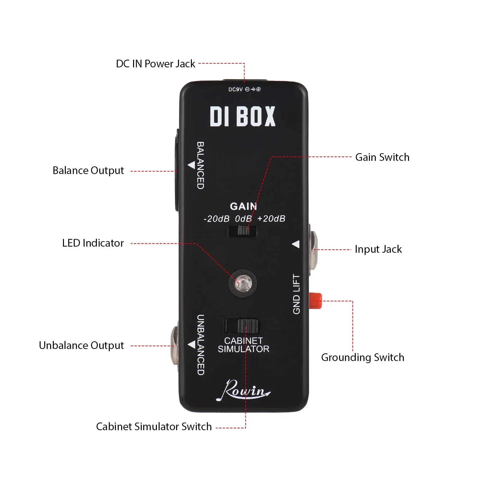 Rowin-Direct Input Box Pedal DI Box Smart Guitar Cabinet Simulation, Ultra Low Distortion, RW-DI-1 Pedal, Full Metal Shell