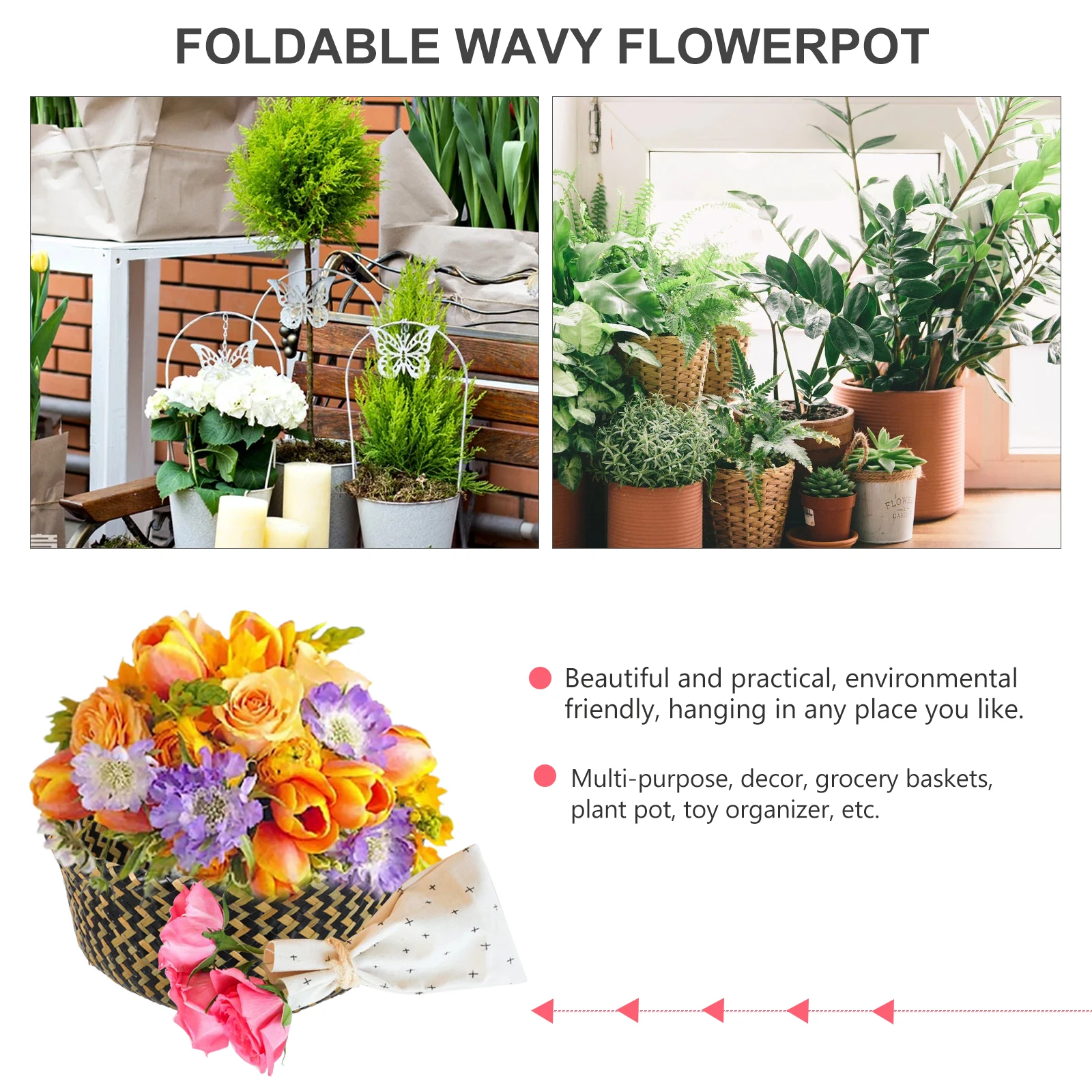 

Straw Dried Flower Basket Folding Storage Basket Multipurpose Plant Pot Sundry Hanging Flowerpot Home Decor Storage Bag