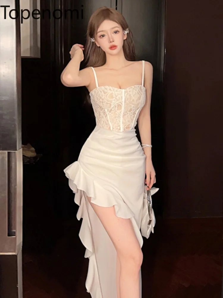 

Topenomi Irregular Ruffles Banquet Party Sling Dresses Women Sexy High Waist Slim Fit Evening Gown Summer Fashion Prom Dresses