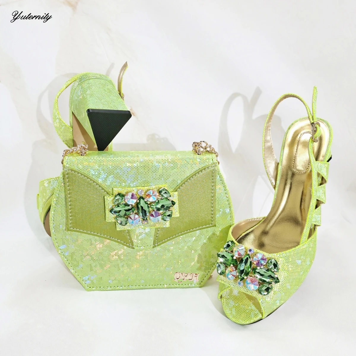 

High Quality Italian Rhinestone Woman Shoes And Bag Set African Elegant High Heels Shoes And Bag Set For Wedding Party