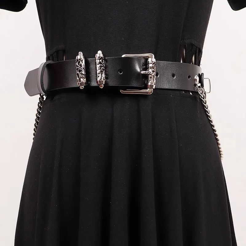 Women's Fashion Black Genuine Leather Chain Cummerbunds Female Dress Corsets Waistband Belts Decoration Wide Belt R1368