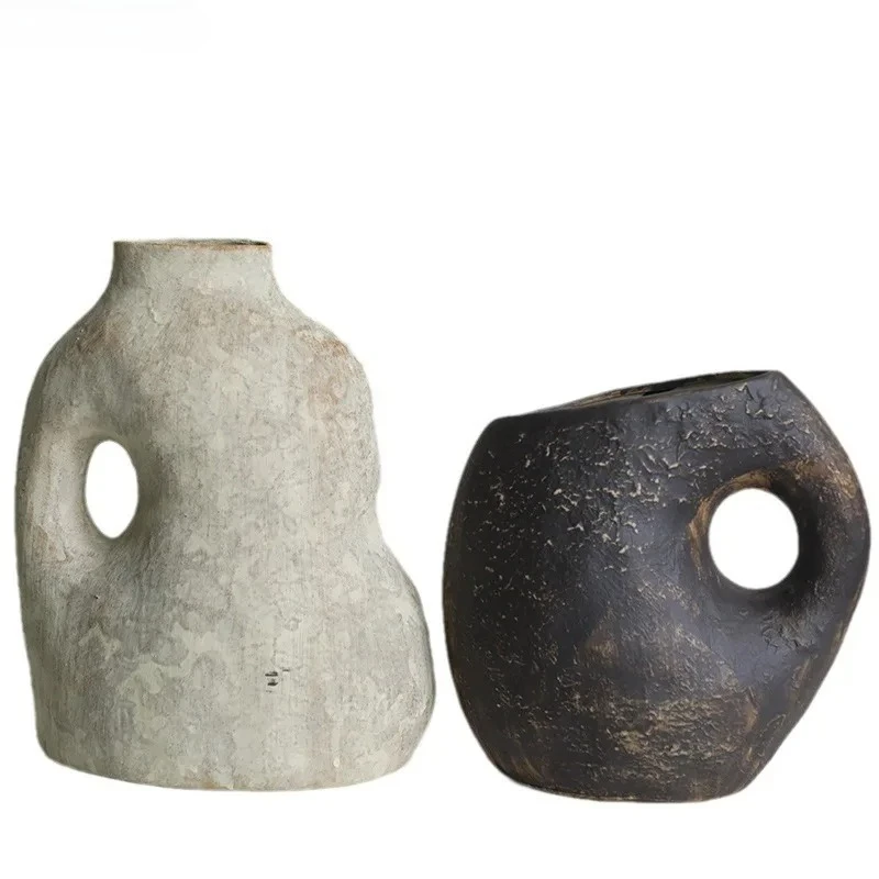 Irregular Retro Ceramic Vase Creative Handle Plant Pot Table Decoration Flower Arrangement Floral Vase Room Aesthetic Decor