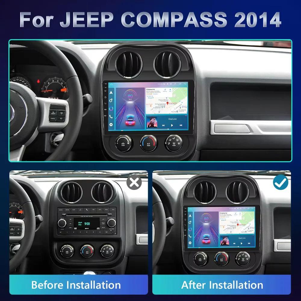 Podofo 2 Din Android カーラジオマルチメディアビデオプレーヤージープコンパス 2010-2016 GPS ナビゲーション 2din ステレオなし DVD