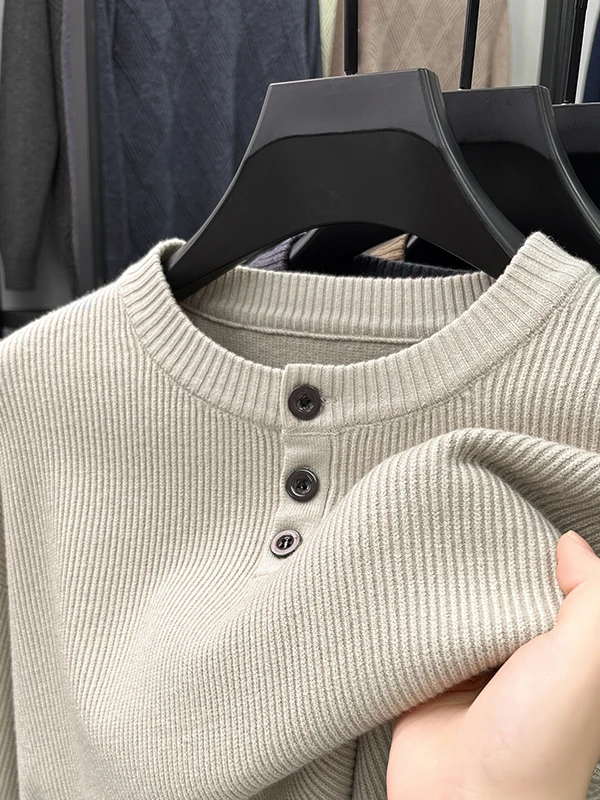 

Осенняя новинка: Мужской вязаный свитер с длинным рукавом, воротником Хенли, вышивкой, на пуговицах, с круглым вырезом, пуловер