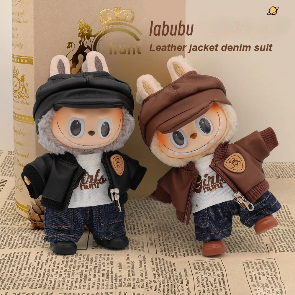 

5pcs Doll Clothes Set For 15-17cm Labubu Clothing Accessories Black Leather Jacket Hat T-shirt Jeans shoes Outfit for Vinyl doll