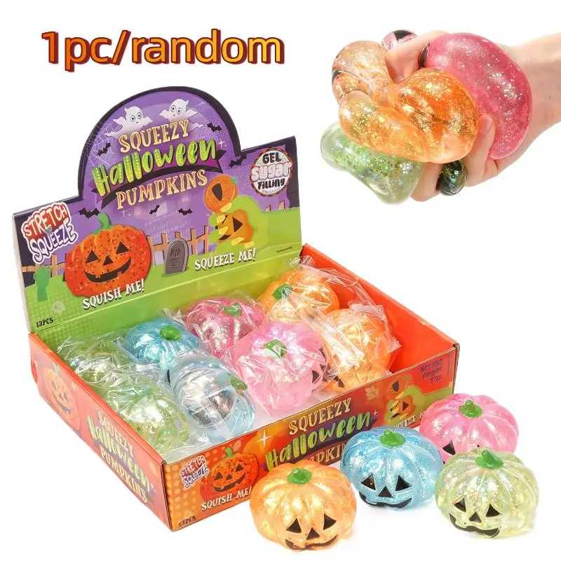 Halloween Pumpkin Sequins Filled Squeeze Toy Glitter Stress Relief Fidget Sensory Toy for Kids Party Game Prizes