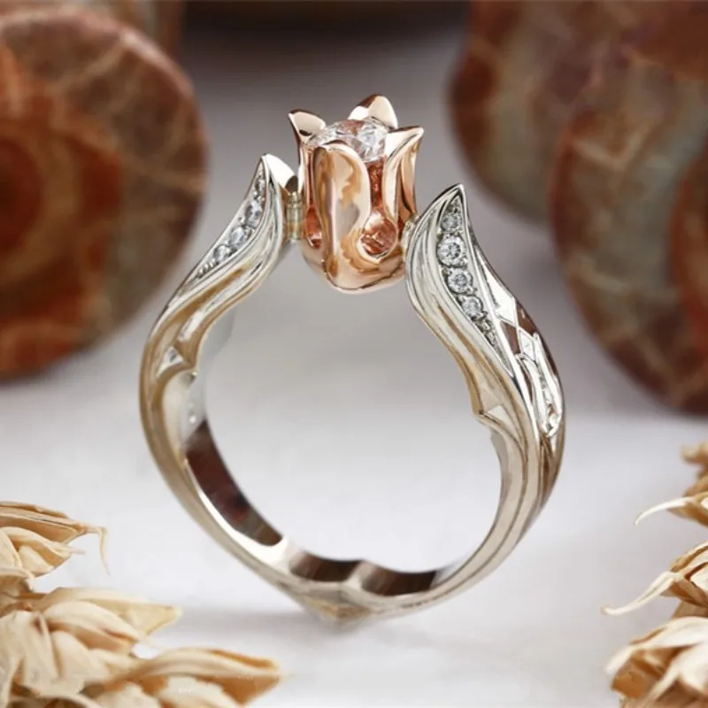 

New rose flower color separation simulation zircon ring, European and American luxury party wedding ring woman