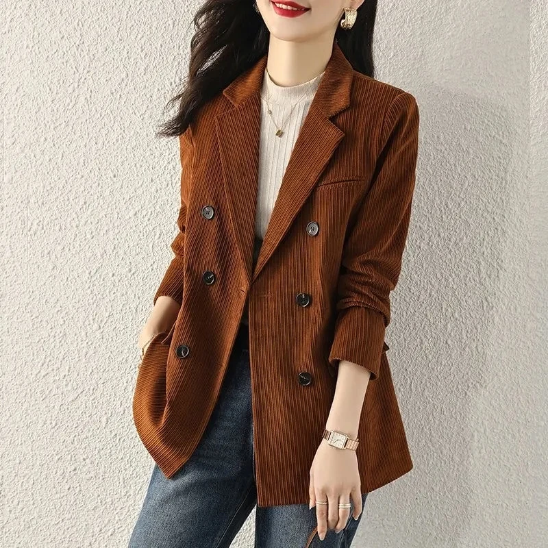 Korean Double Breasted Corduroy Blazer Suit Jacket,for Womens Clothes,Spring Autumn Blazes,2024 New,Casual Suit Coat,Female,Tops