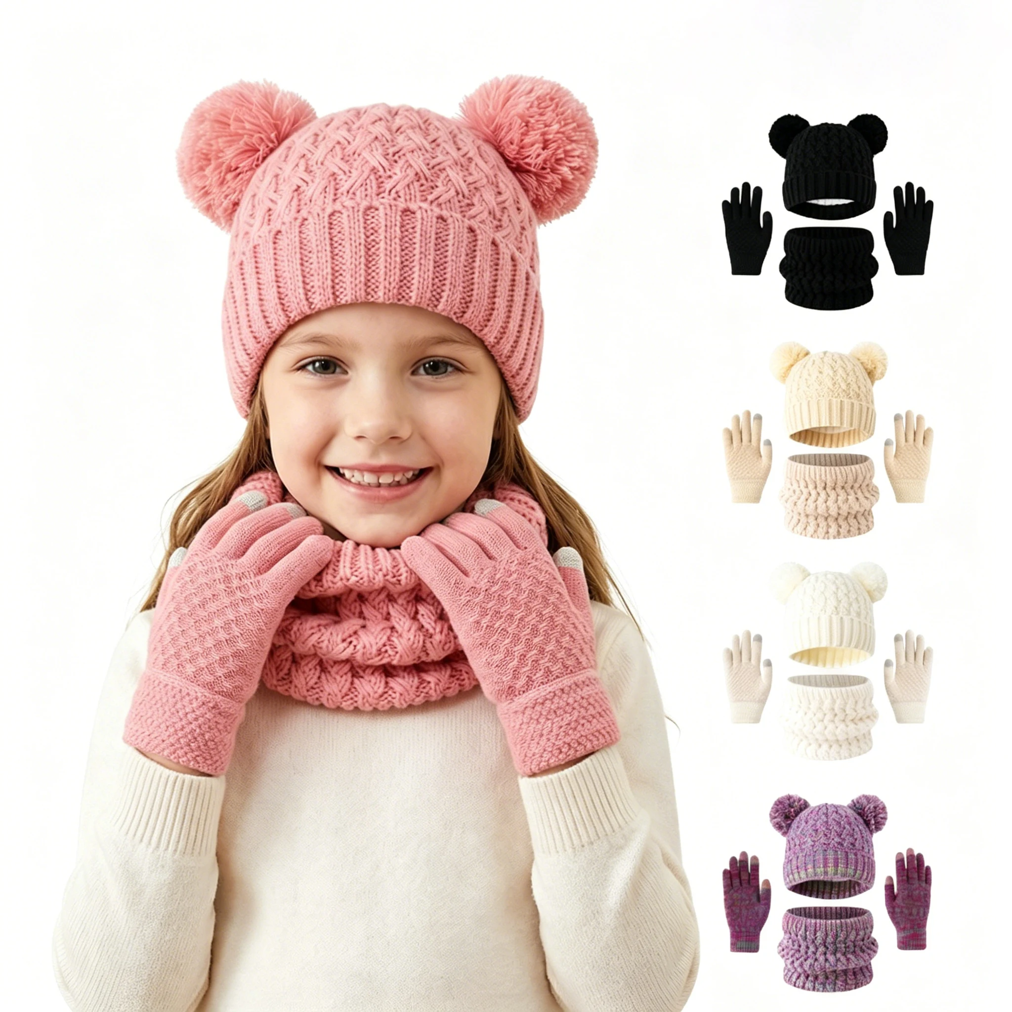 3pc3-12Y children's hat, scarf and glove set, children's thickened winter hat with snowflake color pattern knitted cap